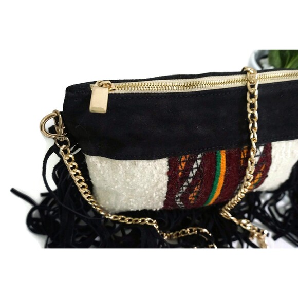 Handira Fringe Bag: Moroccan Kilim, Suede Leather Clutch - Picture 5 of 9